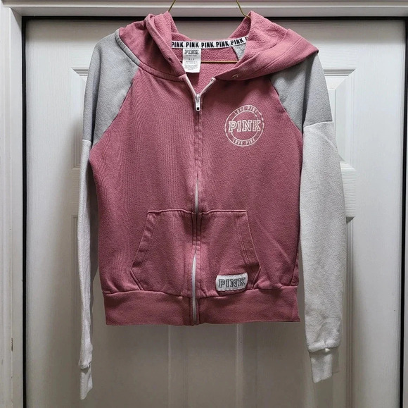 Victoria's Secret Pink Colorblock Perfect Hoodie Small Full Zip Soft Begonia - Picture 2 of 8